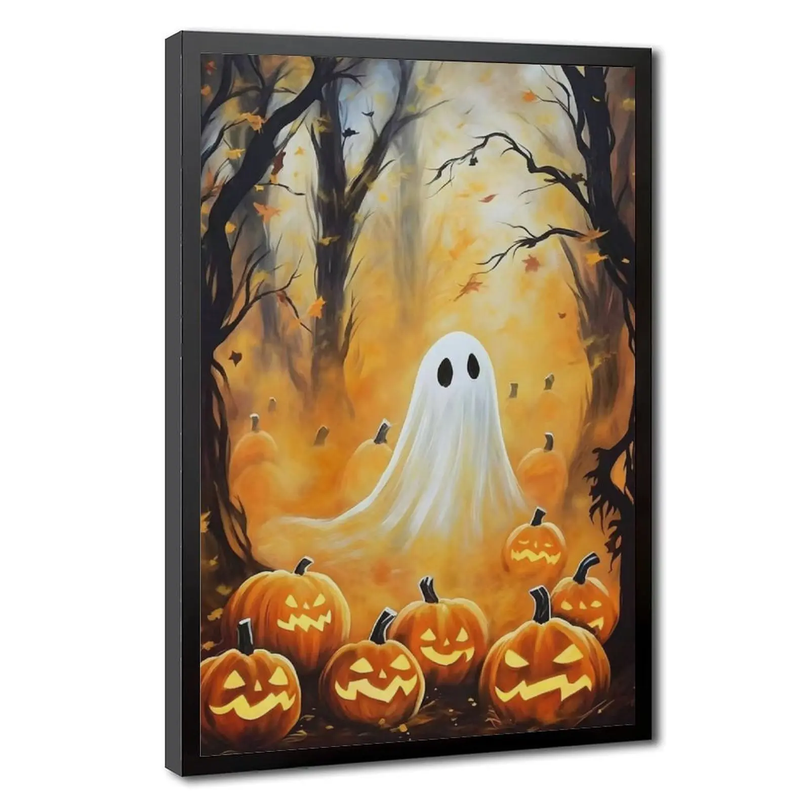 Ghosts and jack-o'-lanterns, vintage posters, art prints, dark academia style, ghostly apparitions, Halloween decorations