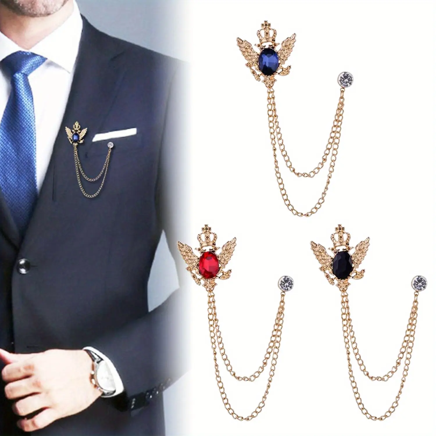 3PCS Men's Brooch Suit Pin Badge with Chains Buckle Chain Collar Lapel for Men Shirt Decoration Metal Clips Women Tuxedo Tie Hat Scarf, Set Of Three, Tuxedo Events