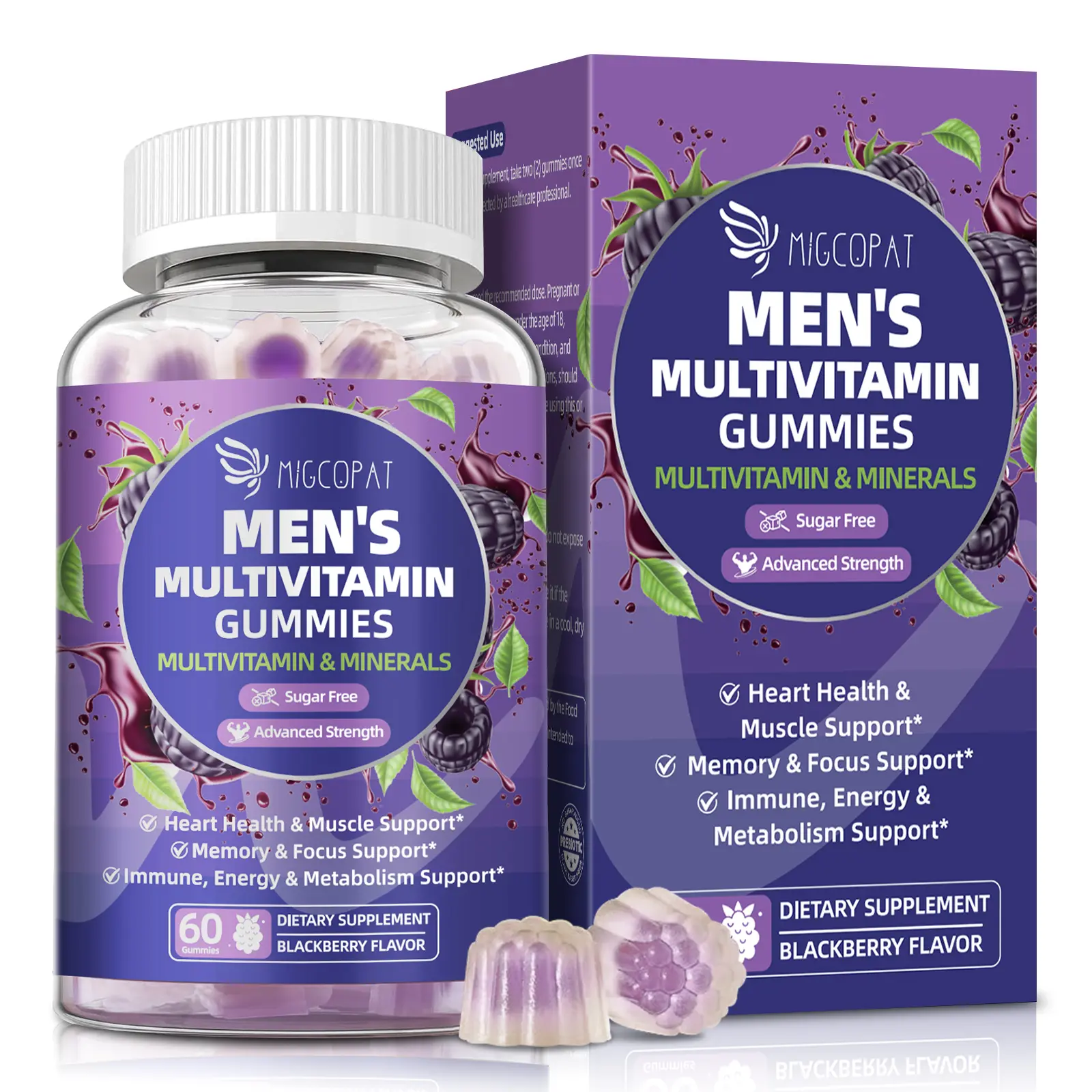 Mens Multivitamins Gummies w/Omega-3, Probiotics, Inositol, Folate, Biotin, Zinc, Vitamins A, C, D, E, B, - Support Heart, Brain, Muscle, Energy, Sugar-Free, Blackberry Flavor Male Performance Support Supplement Fitness Healthcare ,#backtoschool