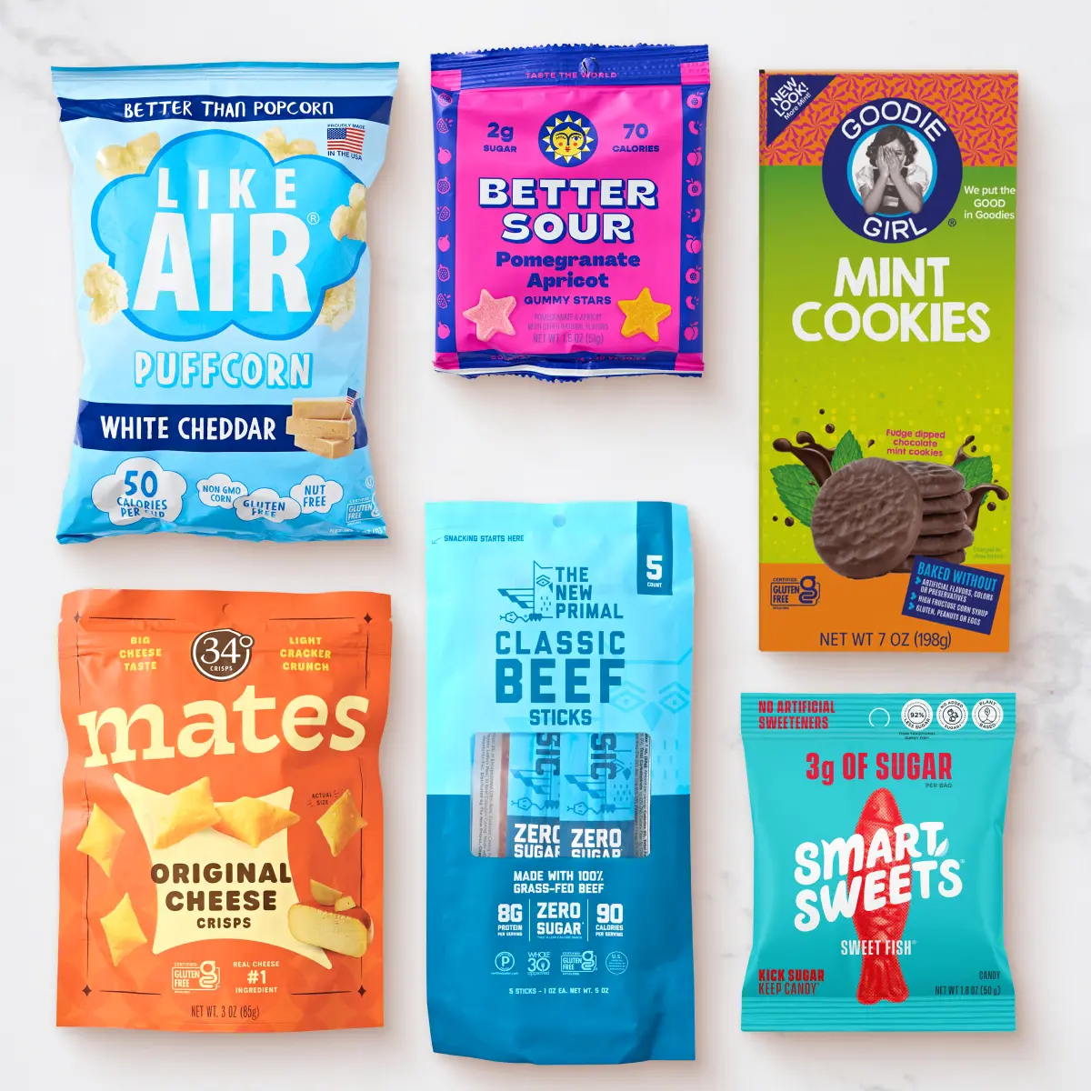 Hungryroot Healthy Protein Snack Gift Set - 6 Crispy, Flavorful Snacks Including Mates Original Cheese Crisps, Better Sour Gummies, New Primal Beef Sticks, Lemon-Infused Options, Onion, Berry, Fudge, Pomegranate & Celery Powder Varieties, Vegan, Low Sugar