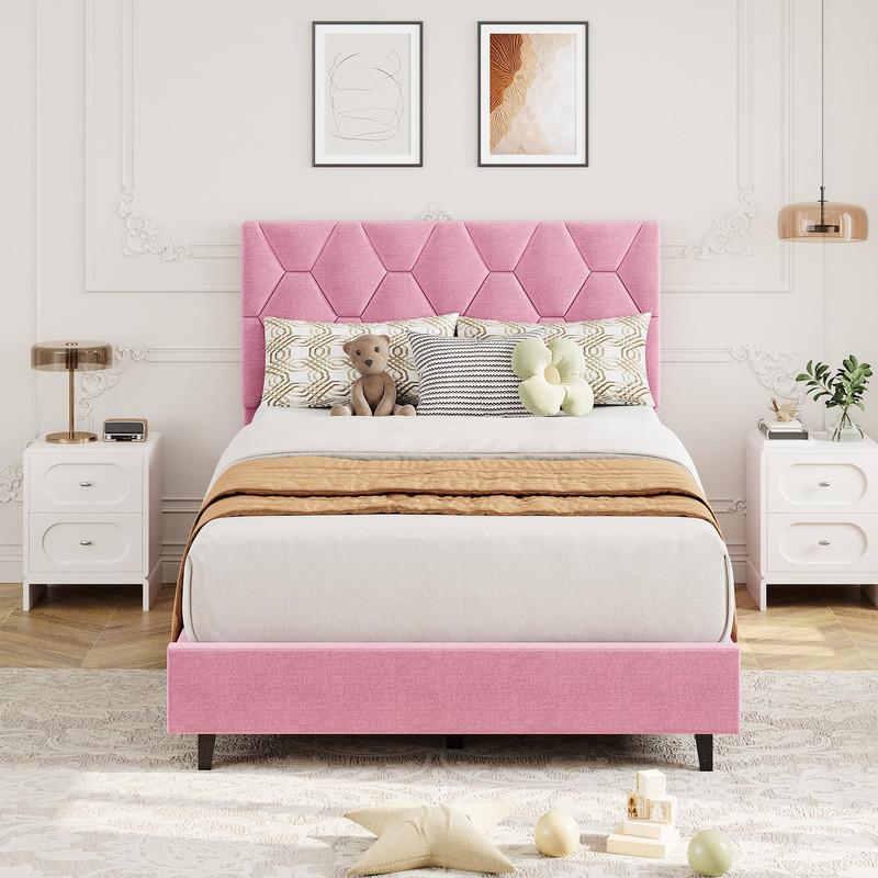 PinkTwin Bed Frame with Upholstered Headboard, Heavy-Duty Platform Bed Frame with Strong Wood Slats, No Box Spring Needed/Noise Free/Easy Assembly