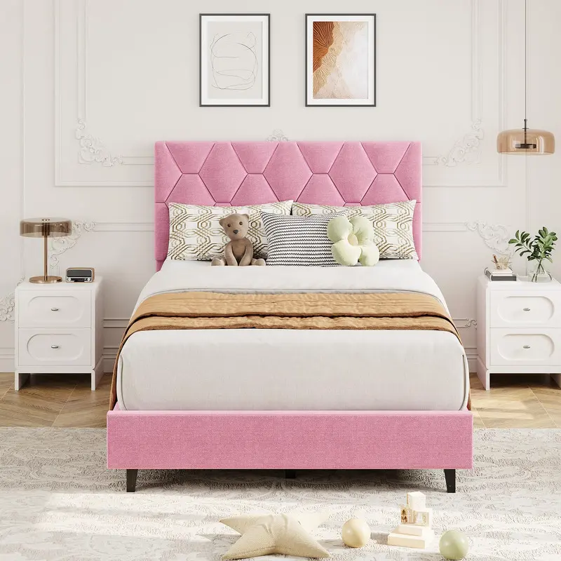 PinkTwin Bed Frame with Upholstered Headboard, Heavy-Duty Platform Bed Frame with Strong Wood Slats, No Box Spring Needed/Noise Free/Easy Assembly