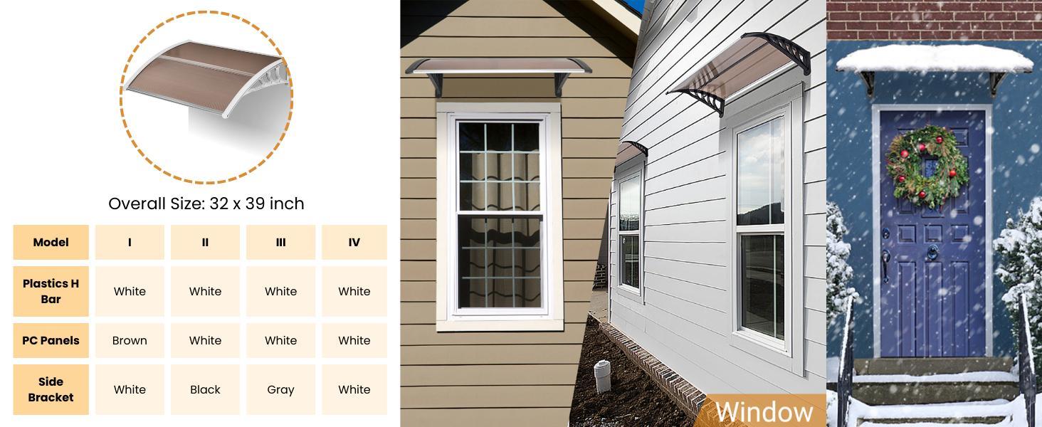 Ubesgoo Window Awning Door Canopy, Polycarbonate Cover Front Door Outdoor Patio Awning Canopy UV Rain Snow Sunlight Protection Hollow Sheet, Brown Board & White Bracket