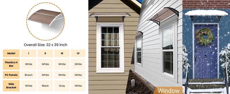 Ubesgoo Window Awning Door Canopy, Polycarbonate Cover Front Door Outdoor Patio Awning Canopy UV Rain Snow Sunlight Protection Hollow Sheet, Brown Board & White Bracket