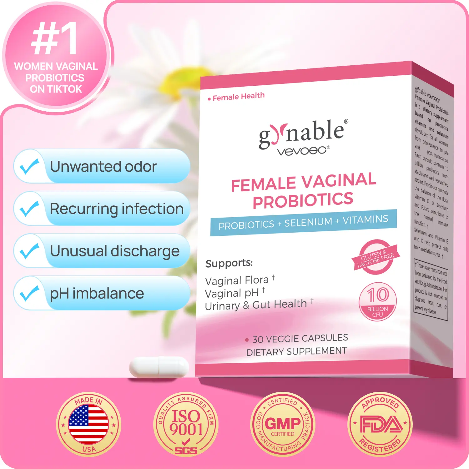 Gynable Female Probiotics for HPV, BV, UTIs, Yeast, pH Balance, Odor Control, Bloating, Dryness, Tightening, Urinary,Gut Health,10 Billion CFU Probiotic,10-in-1 Lactobacillus Probiotic Blend,Vitamin C, D, E,Folate, Selenium Women’s Probiotics #SummerVibes