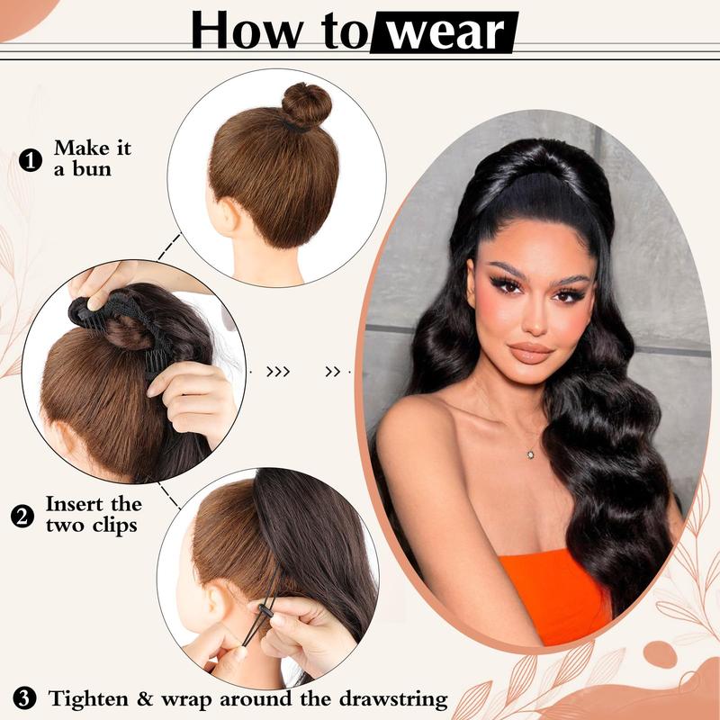 【Flash Sale】 Ponytail Extension 26 Inch Long Wavy Drawstring for Women in Dark Brown with Fluffy Hairpiece for Daily Use Synthetic Hair