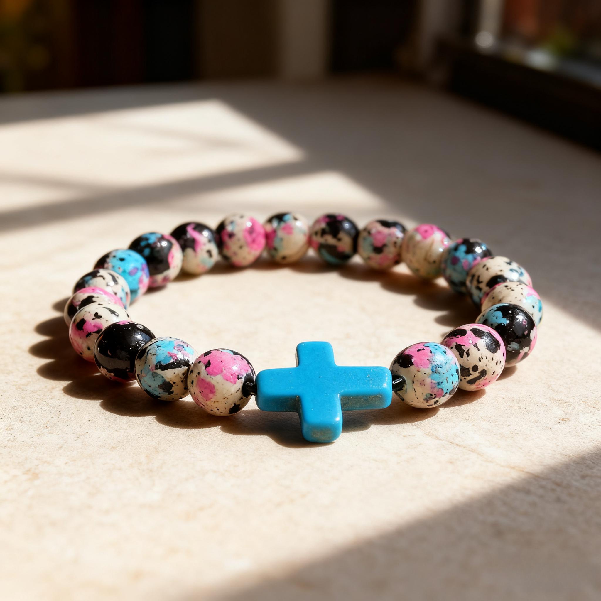 Boho Style Cross Charm Beaded Bracelet, Fashionable Elastic Beaded healing Bracelet for Women & Girls, Trendy All-match & Exquisite Faith Wear Jewelry for Birthday Gift, Bohemian Bracelets(No Cards)