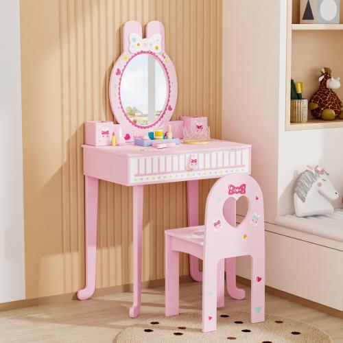 Karlhome Kids Vanity Set with Mirror and Lights and Stool, 5 Storage Drawers, Pretend Play Princess Makeup Desk Dressing Table and Stool Set for Little Girls Age 3+, Macaroon Pink Karlhome Kids Vanity Set with Mirror and Lights and Stool, 5 Storage Drawers, Pretend Play Princess Makeup Desk Dressing Table and Stool Set for Little Girls Age 3+, Macaroon Pink
