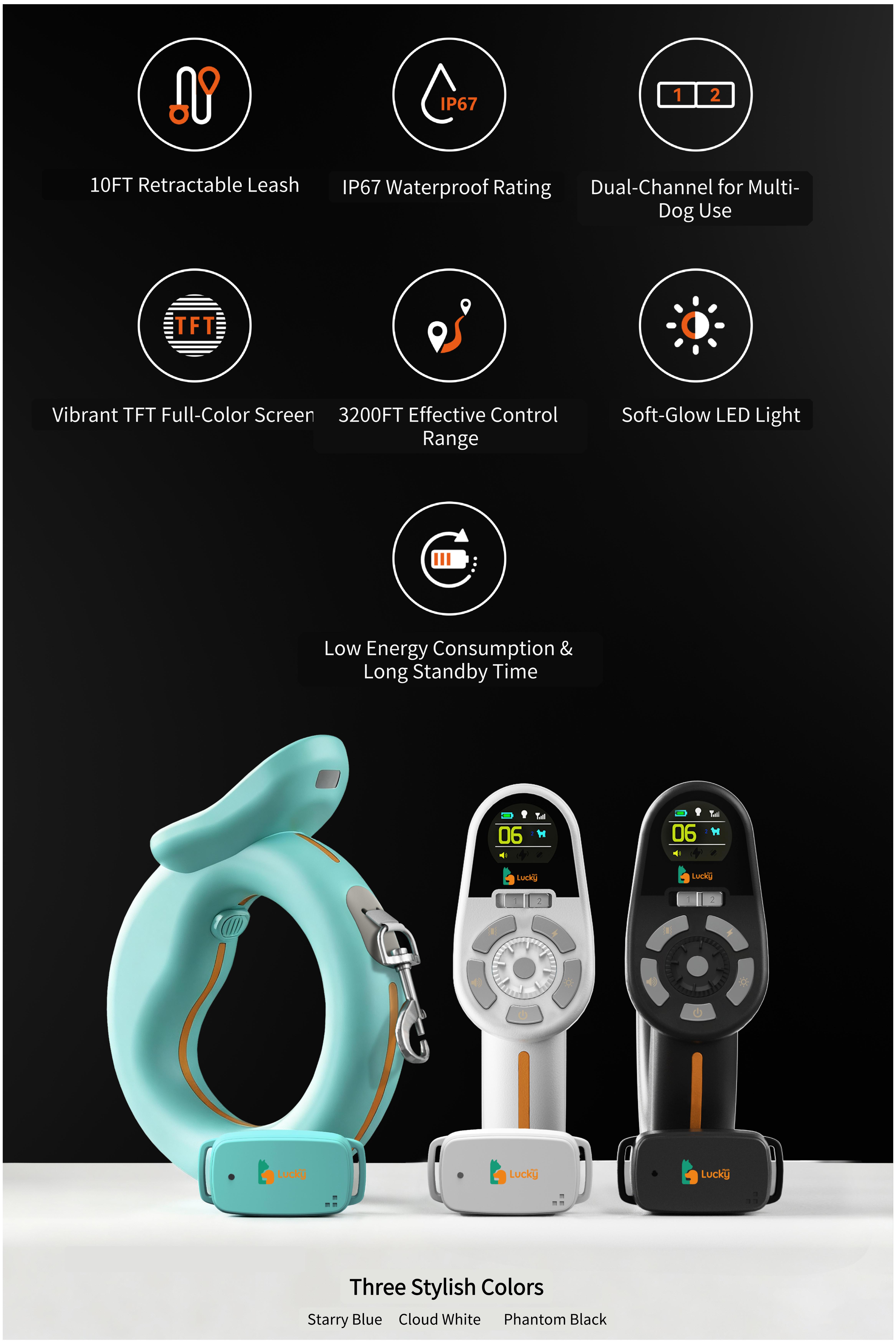 Luckymyth - Dog Training Collar  Leash – 3200ft remote control- built-in light- IP67 waterproof- magnetic charging- 30 static levels + 10 vibration/sound modes-fits dogs 10–120 lbs- integrates both leash and training capabilities-Handles two dogs at once