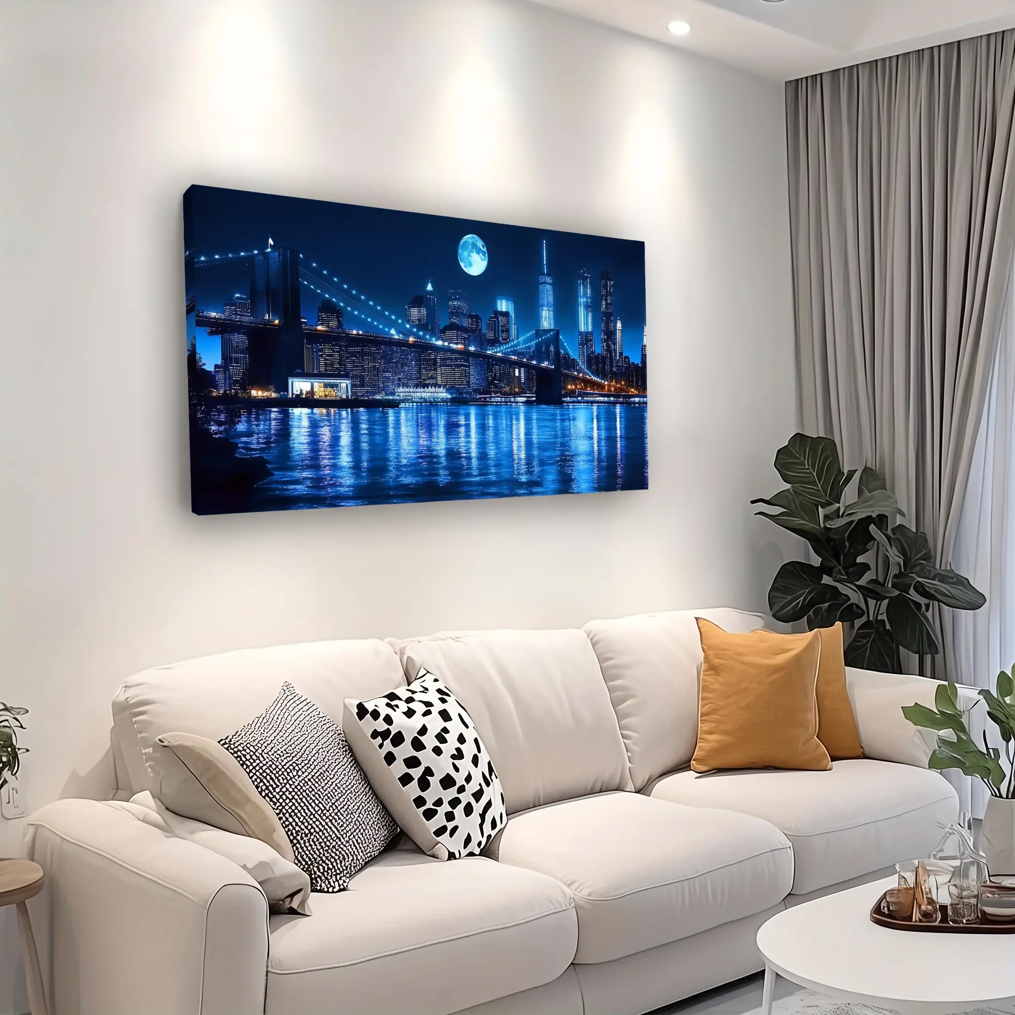 Modern Art Deco Dark Blue Cityscape Building Canvas Wall Art Print - Artistic Home Decor with Solid Wood Inner Frame, Decor Inspo for Living Room, Bedroom Indoors, Reminder to Check the Size