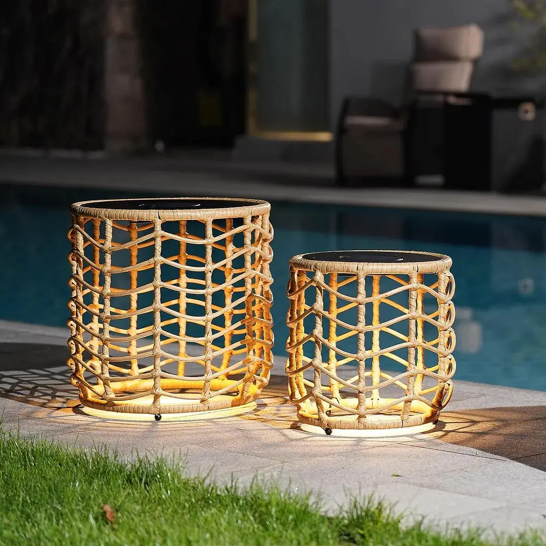 GRAND PATIO Boho Solar Nesting Tables Set of 2, Outdoor Wicker Side Tables with Built-in Solar Lights, All-Weather Water-Resistant Patio Accent Tables for Balcony, Porch, Garden & Backyard