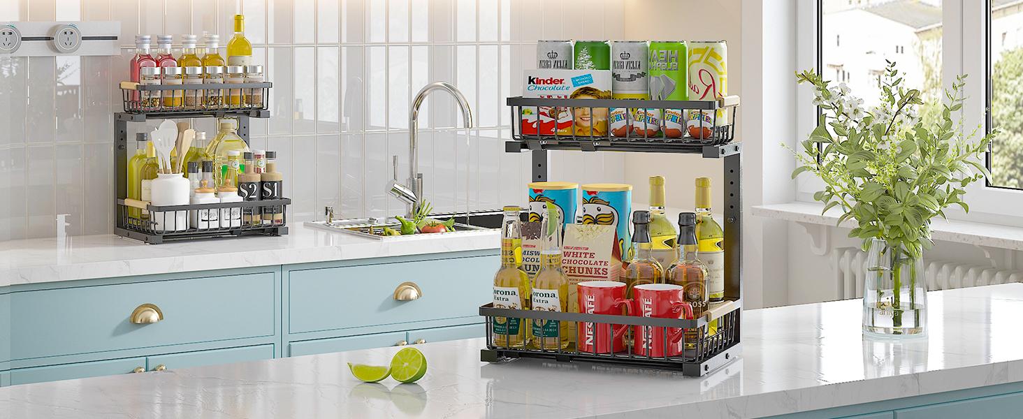 Under Sink Organizer, Height Adjustable Under Sink Organizers and Storage, 2 Tier Pull Out Drawer Cabinet Organizer for Kitchen Bathroom