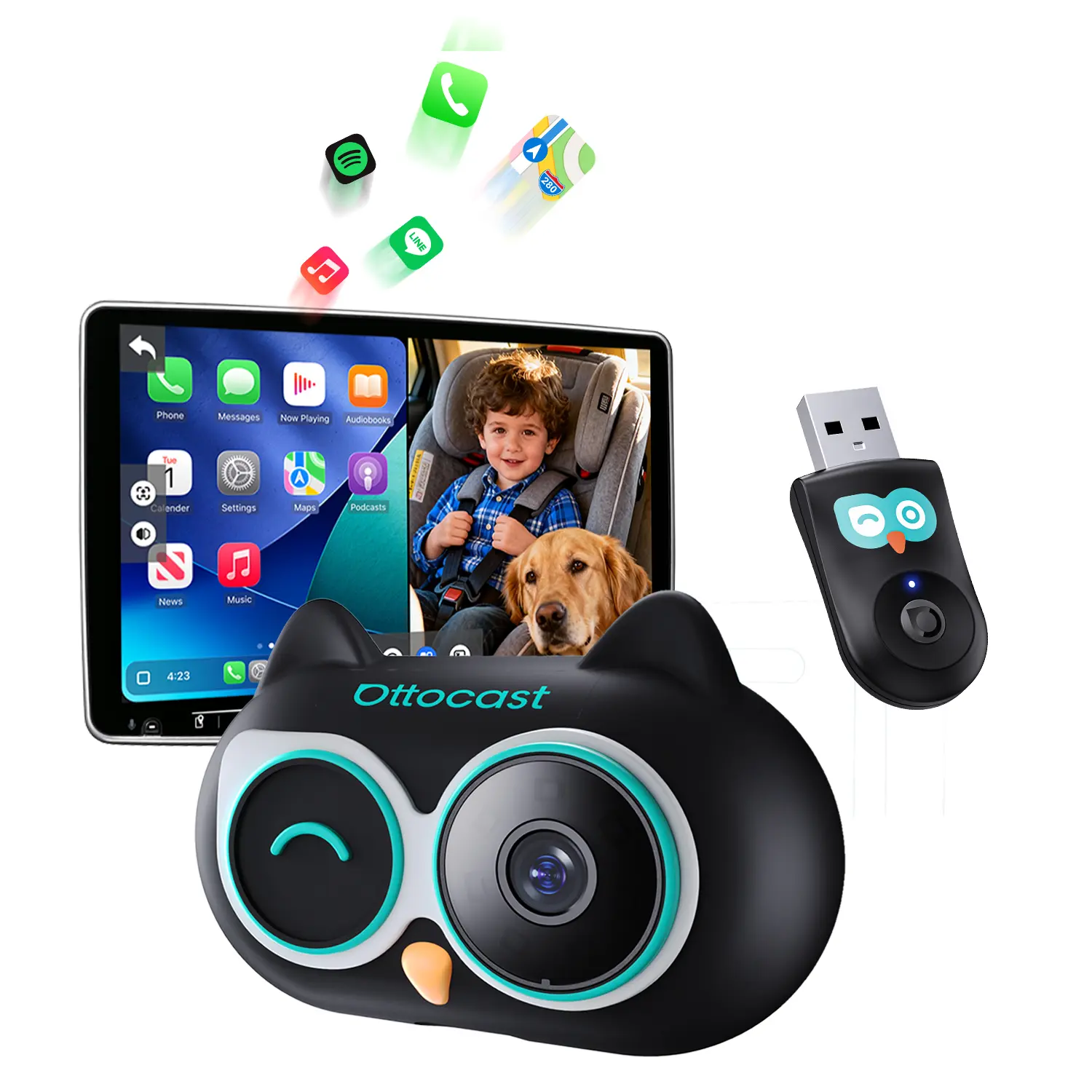 OTTOCAST Baby Car Camera  Wireless CarPlay Adapter 1080P HD Rear Seat Monitor Display on Car Screen,150°Wide Angle No-Glow Night View