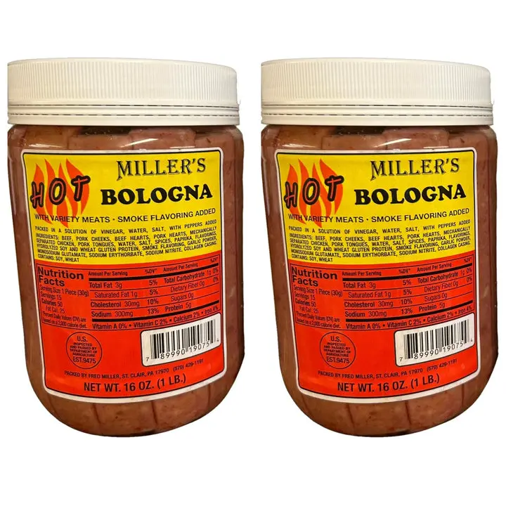 Miller’s Hot Bologna – 2-Pack Bundle by Putt Pantry – Zesty Pickled Bologna Sausage in a Hot Pepper Vinegar Brine – Amish-Style Snack, Ready to Eat, 16 oz Each