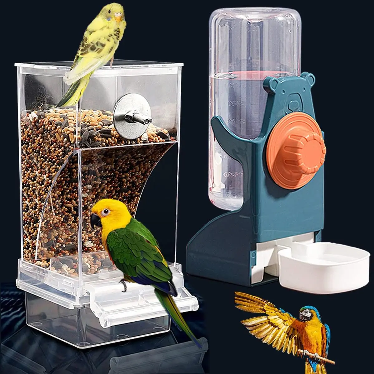 2PCS Automatic Feeders And Waterers for Birds, Spill-Proof Feeding Solutions, And Seed Containers Specifically Made for Parrots, Canaries, Lovebirds, And Budgerigars