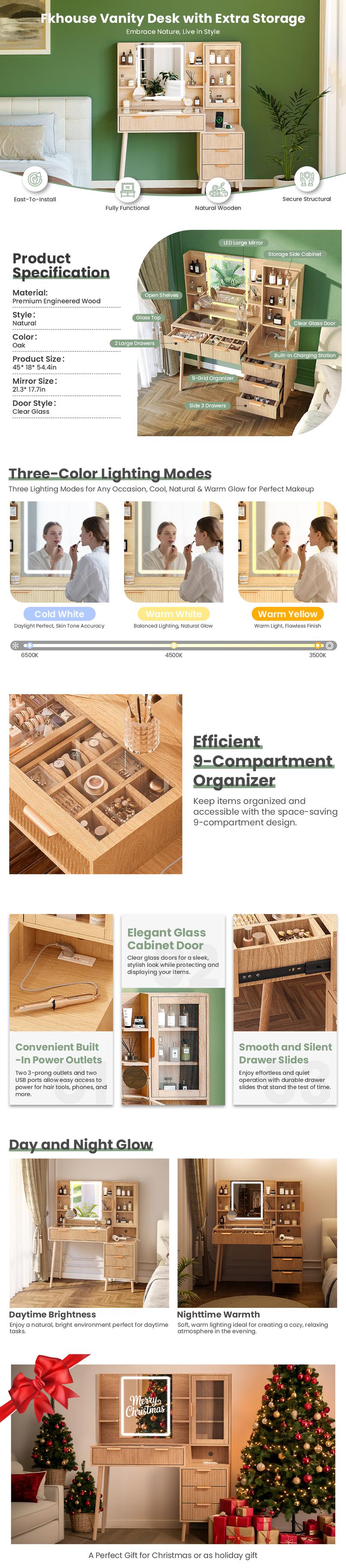 Fluted Makeup Vanity Desk with Mirror and Lights, 5 Drawers Glass Top Makeup Vanity with 10 Storage and 9-Grid Organizer, 3 Color Clear Glass Door Dressing Table with Charging Station, Natural Oak