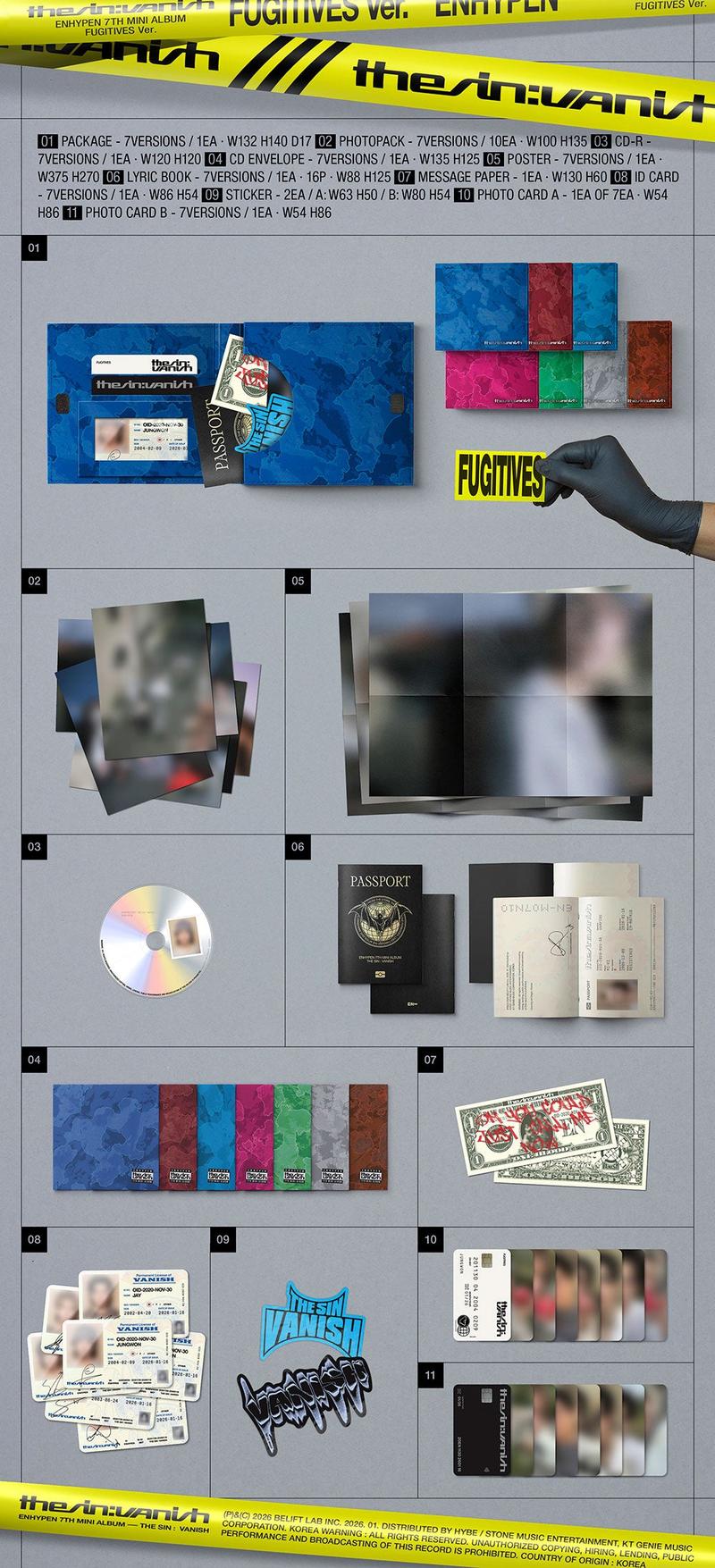 ENHYPEN – THE SIN : VANISH [FUGITIVES Ver.] (7th Mini Album) | Member-Specific K-Pop CD Album | Photopack (10), Poster, ID Card + 2 Photocards | “Knife” Title Track