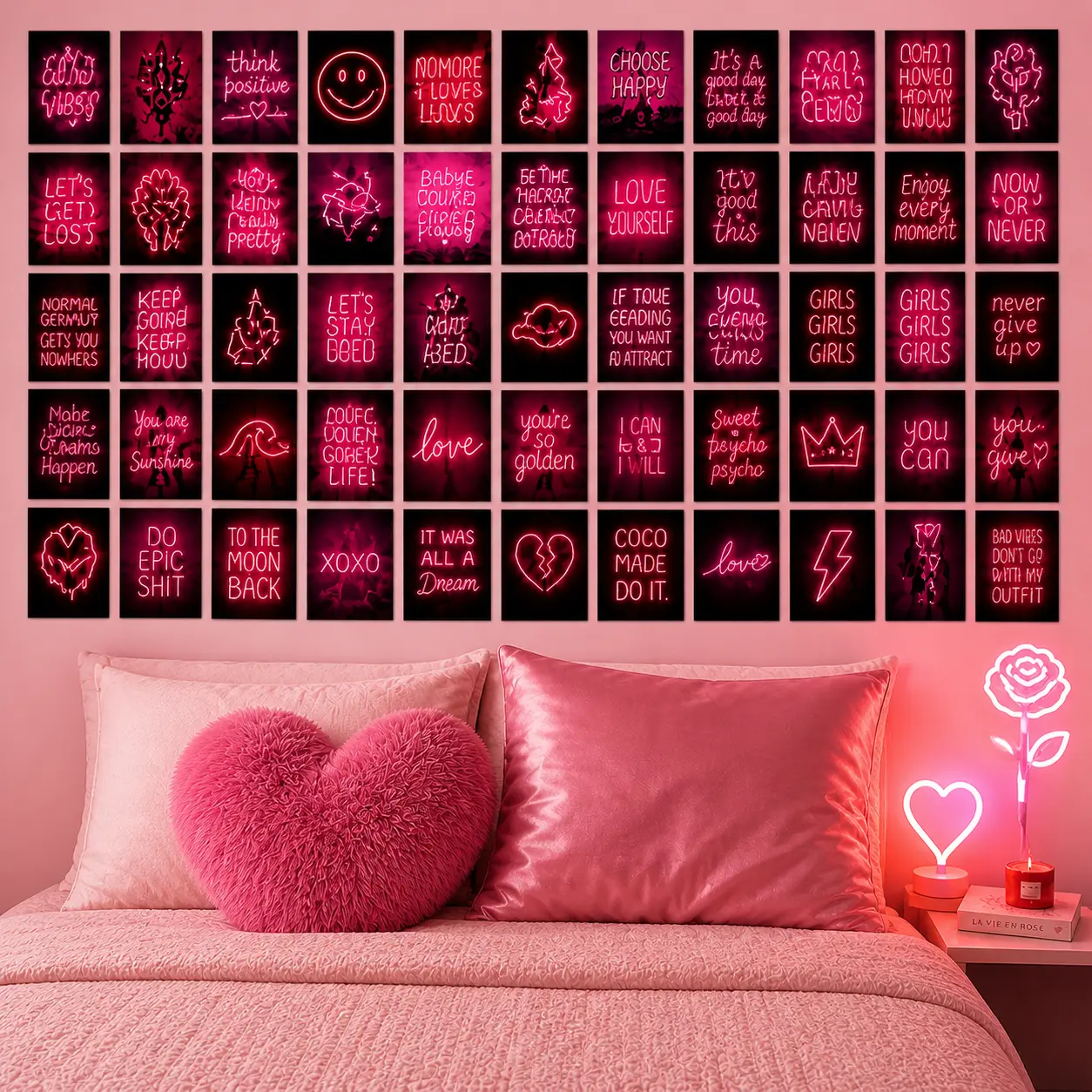 Room Decorating Kit for Girls - 50 PCS Pink Neon Aesthetic Posters Set – VSCO Room Decor, Photo Wall Collage Kit for Teen Girls, Dorm & Bedroom (4x6 Inch)