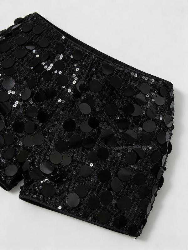 Women’s sequined shorts with an elastic waistband, slim fit, shiny and sexy design, featuring pearlescent embellishments—mini shorts suitable for parties and nightclubs.