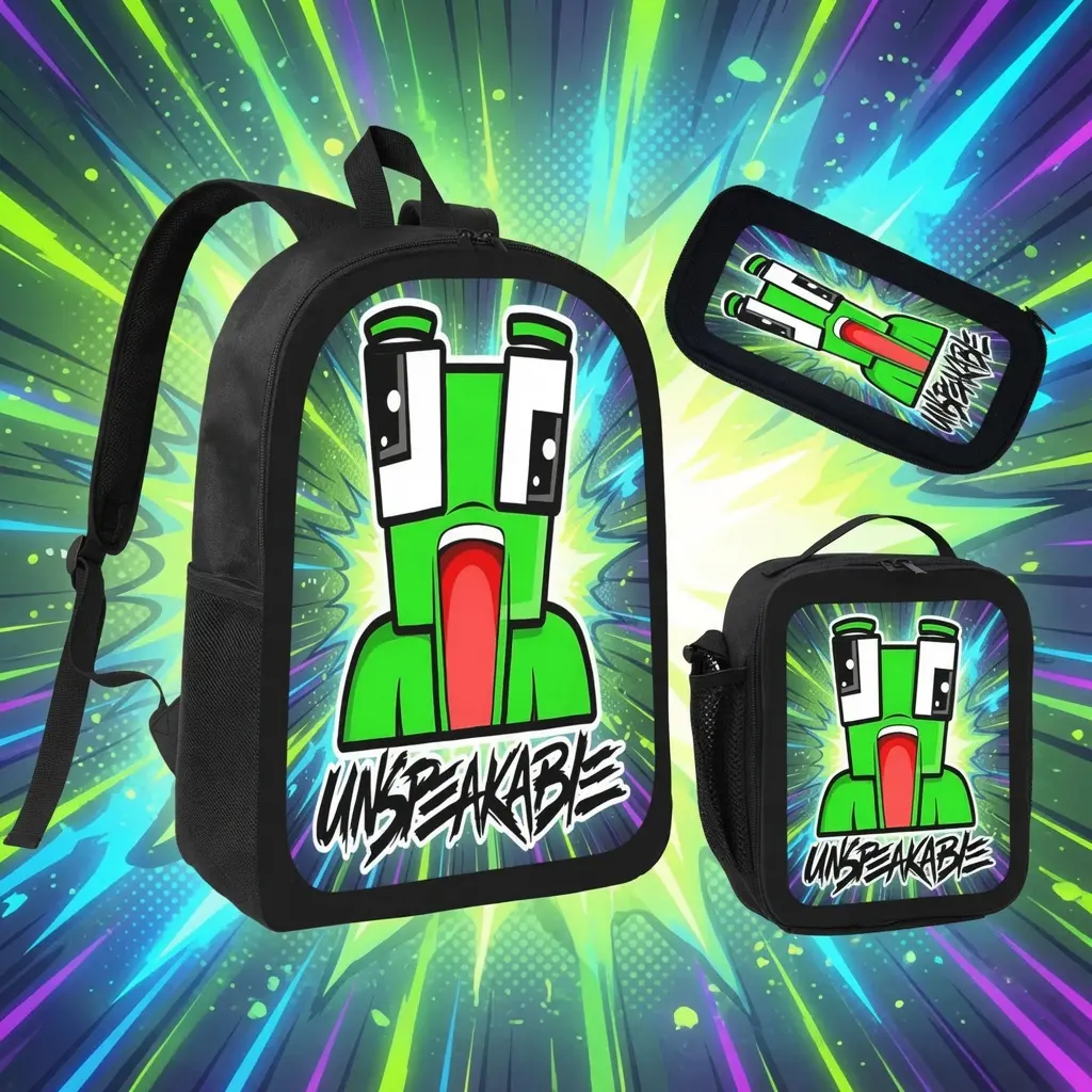 17-Inch Game-Style Oxford Cloth School Backpack Set (3-Piece) with Graffiti Burst Graphic, Unspeakable Green Character, Zipper Closure, Lunch Bag & Pencil Case, Daily Use Gift for Young Fans