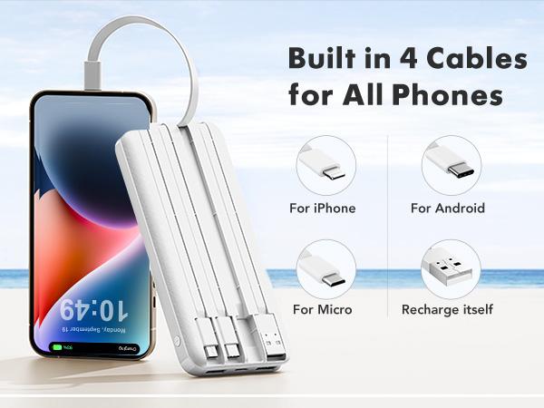 Charmast 10000mAh Portable Charger with Built-in Cables, Slim Power Bank with 6 Outputs & 3 Inputs, 6A Fast Charging Travel Battery Pack for Phones and Tablets