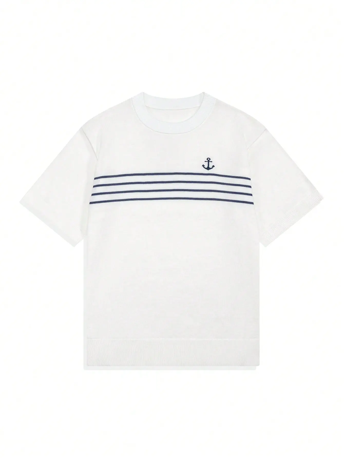 Men's Navy Striped Knit Short-Sleeve Crew Neck Pullover T-Shirt - Unisex Spring-Summer Casual Minimalist Retro Loose-Fit Top with Delicate Small Embroidery Logo, Streetwear, Euro-American-Korean Style, Knitwear, Shortsleeve, Menswear, Three Stripe Set