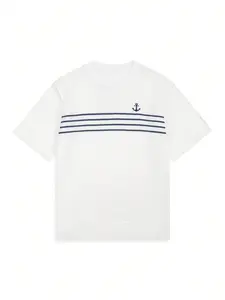 Menswear Striped Knitwear Top, Spring/Summer New Unisex Short-Sleeve Crew Neck Pullover, European-American-Japanese-Korean Style, Casual Minimalist Retro Design, Navy Stripes, Loose Fit, Delicate Small Embroidered Logo,summervibes