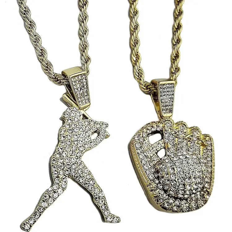 MaxBling81 Unisex Iced Out Baseball Pendant Necklace Set, 2-Piece Gold Plated Alloy with Lab Created Diamond Hitter & Glove Charms, 4mm 24" Rope Chain, Alloy Metal, Baseball Hitter, 50Mm X 30Mm