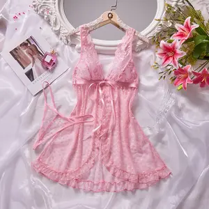 AgeRose Women's Lace Doll Dress Lingerie Set with Adjustable Shoulder Straps, Sheer Polka Dot Nightgown for Special Events, Romantic Silky Slip Dress