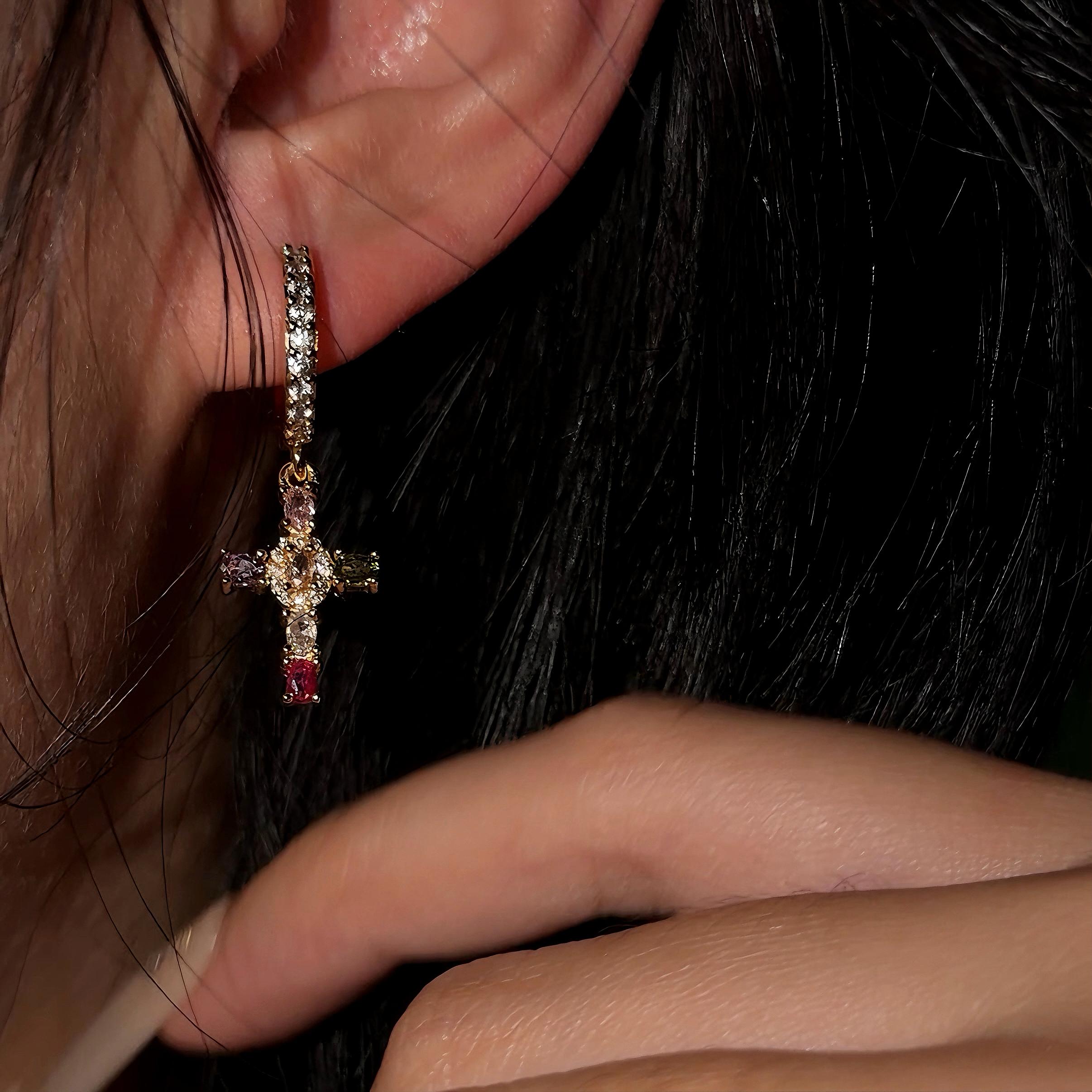 LunaStdla Rainbow Cross Hoop Earrings - Dainty Multicolour Zirconia Faith Cross Vintage Glam Y2K Vibes for Women Girls Suitable for Daily Outfits Church Festival Chrismas Gift for Girlfriend Mom