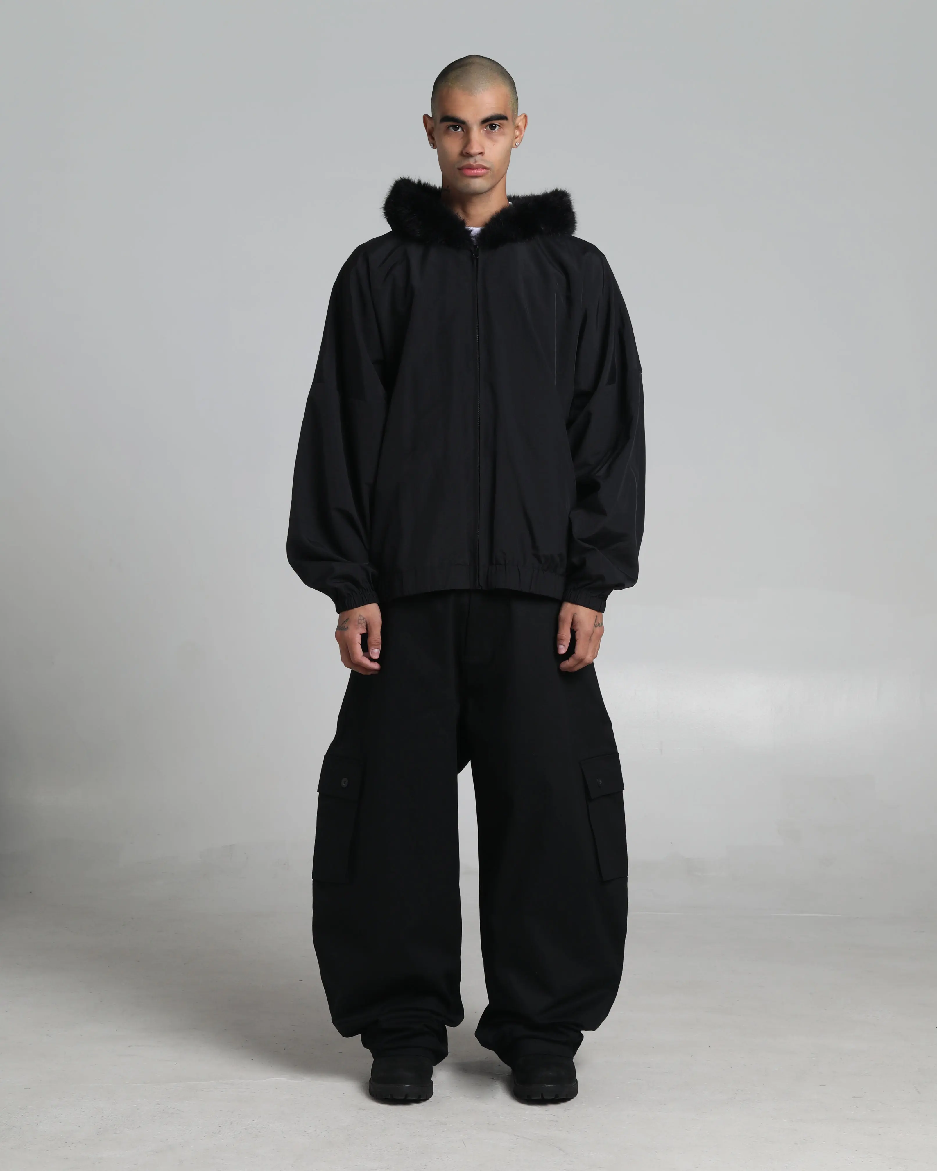 Fur Hooded Nylon Track Jacket