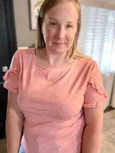 Frill Round Neck Petal Sleeve Top - Basic Polyester Blouse in Pink with Short Sleeves and Ruffled Design