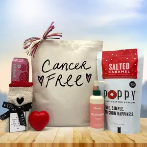 Itsonlynaturalgifts Cancer Free Gift Basket with Salted Caramel Poppy Popcorn, Wildflower Lotion, Heart Ornament, Sunflower Themed Self Care Essentials, Hand-Packed USA, Handwritten Message, Cancer Support Gift
