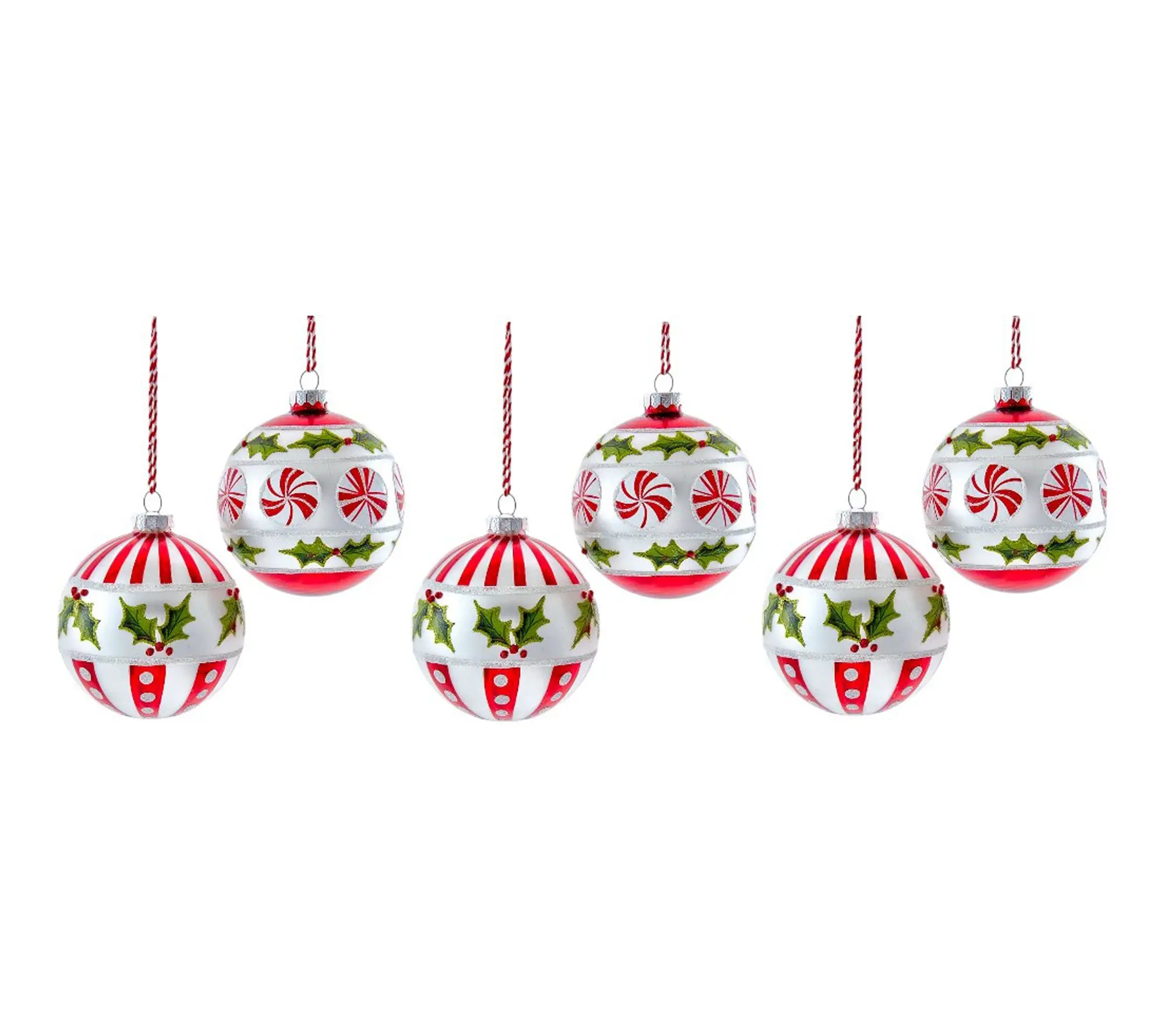 RC Home Decor-Set of 6 Peppermint & Holly Glass Ball Ornaments