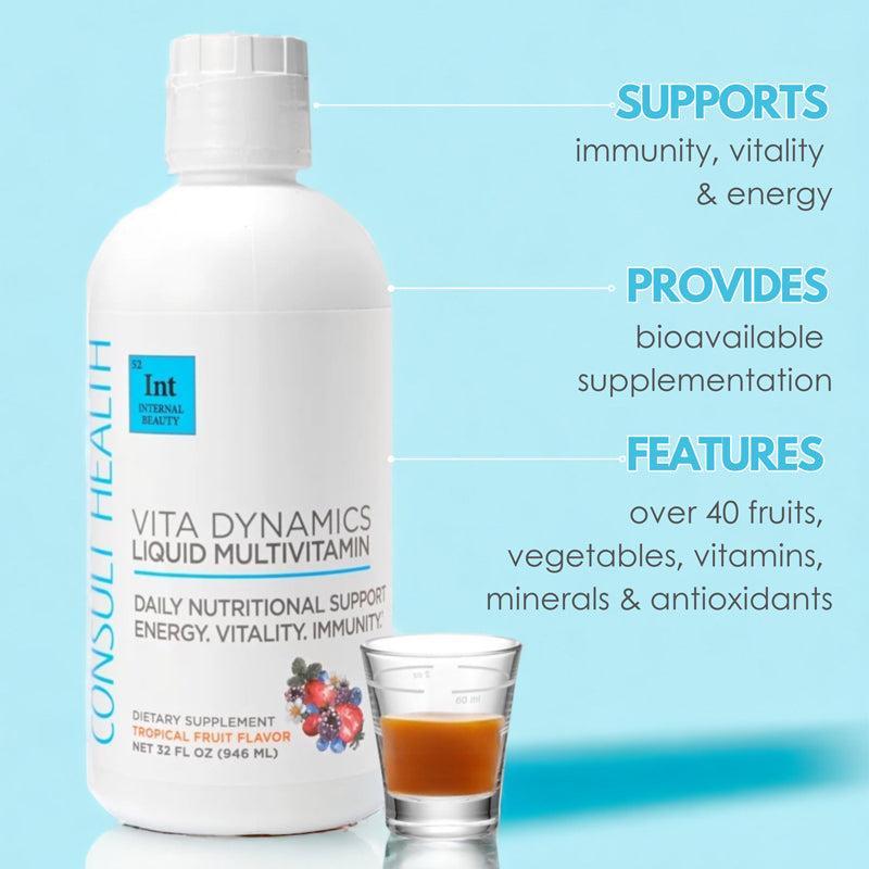 Vita Dynamics Liquid MultiVitamin - Tropical Fruit Flavor, Antioxidants & Magnesium, Daily Nutritional Support for Energy & Immunity, 946 mL