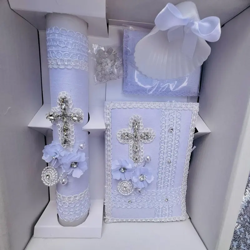 5pcs White Baptism Candle Set - 8in Candle, Rosary, New Testament, Decorative Elements in Box for Boys & Girls (English & Spanish) | Traditional Ceremony Decoration Supplies