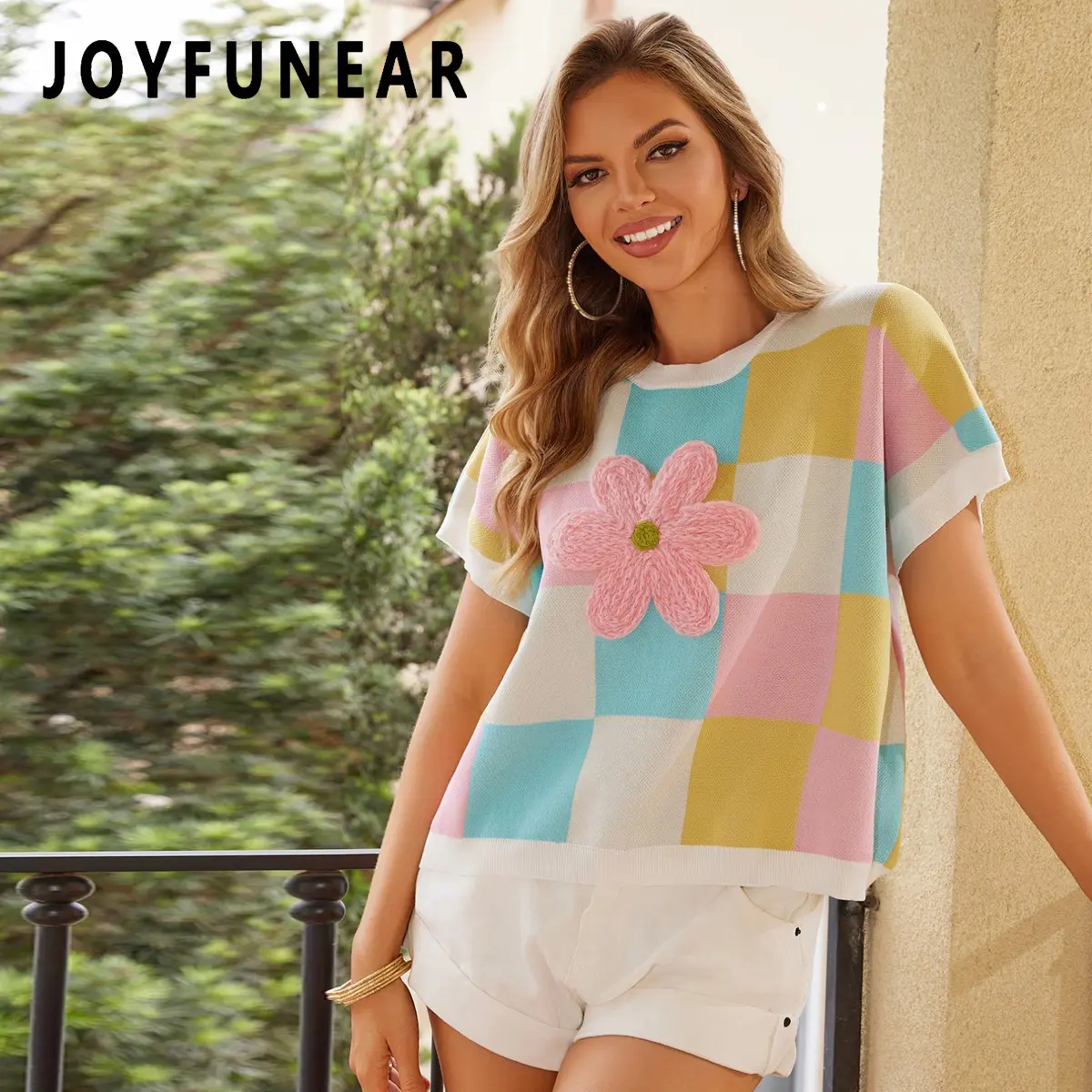 Joyfunear Women's Casual Plaid Style Knit Top, Soft Breathable Fabric with Flower Embellishment, Color-Block Short Sleeve Design, Shortsleeve, Checkered, Knitwear, Fashion, Flowers, Block Colors, Casual Cute, Pullover Top