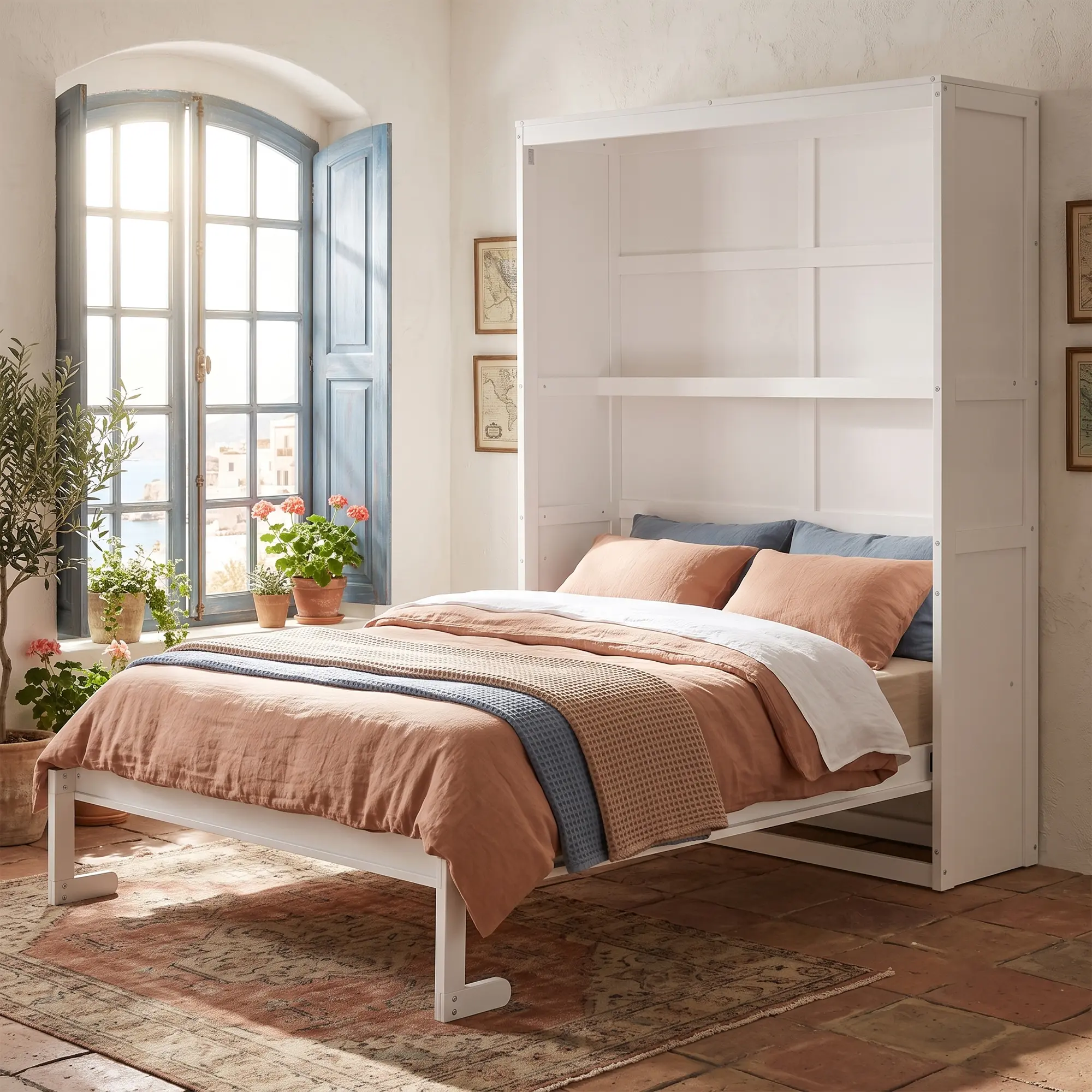 Full Size Murphy Bed Wall Bed with Shelves, White Solid Wood+MDF, Space-Saving Folding Bed for Guest Room Home Office, 85L x 61.1W x 83.8H in, Cabinet Storage, Easy Pull Down Mechanism, Mattress Not Included, White Color Options