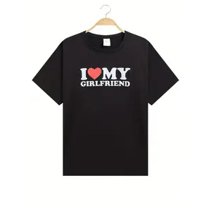 "I LOVE MY GIRLFRIEND" Pattern Print Men's Comfy T-shirt, Graphic Tee Men's Summer Clothes, Men's Clothing