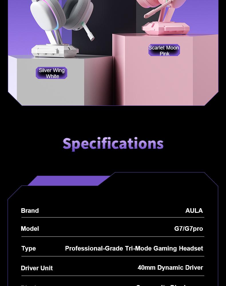 AULA G7 Pro Pink Wireless Gaming Headphones with Mic, 7.1 Surround Sound, Ultra-Low Latency, RGB Over-Ear with Noise-Canceling Mic