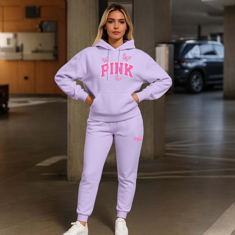 Women's Pink Butterfly Print Lips Print Hair And Sunglasses Hoodie And Drawstring Track Pants Set, Casual Sportswear, Long-Sleeved Hooded Jacket And Pants, Suitable For Autumn And Winter,  Indoor And Outdoor Sportswear, Casual Sportswear.