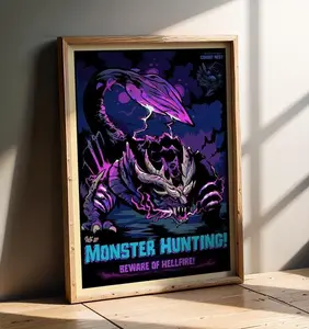 WYVERN OF MALICE Monster Hunter Inspired Poster - Let's Go Monster Hunting Video Game Art - Epic Dragon Wall Decor for College Dorm - Action RPG Gaming Print - Vibrant Creature Illustration Unframed