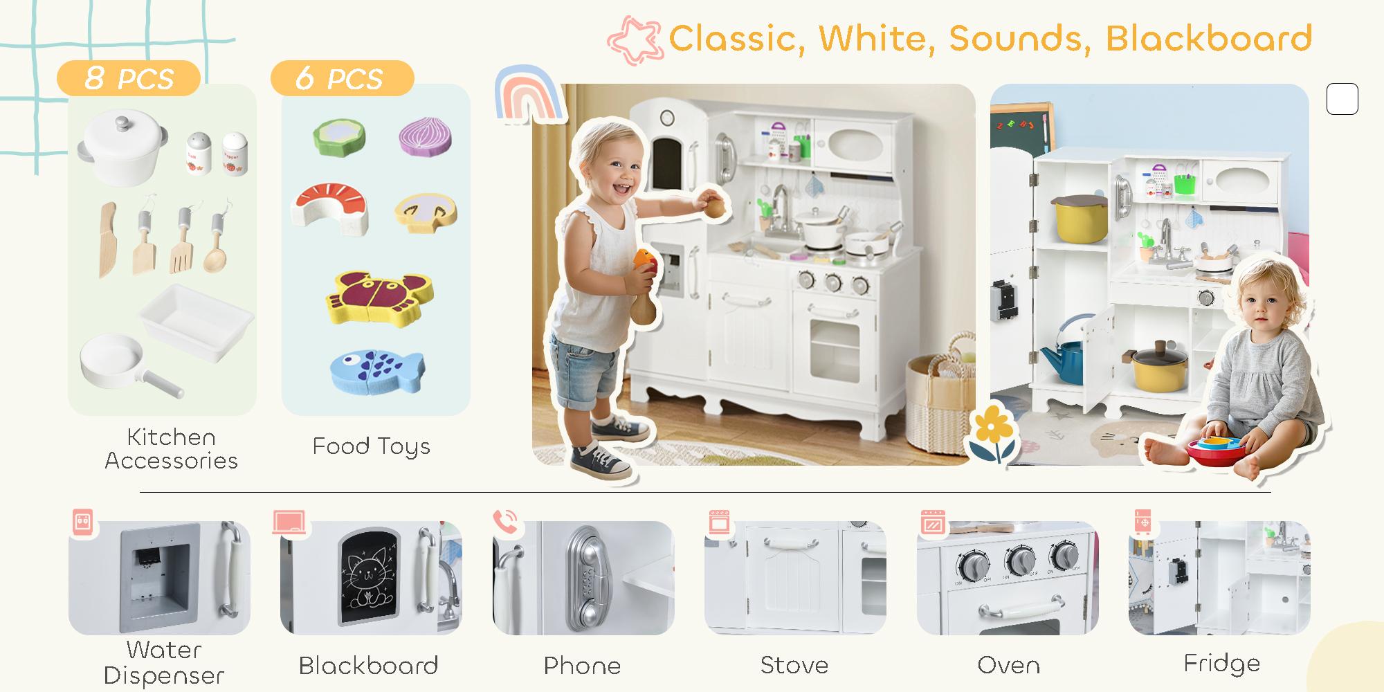 Qaba Corner Kitchen Playset with Cooking Set, Kids Kitchen Set with Range Hood, Microwave, Oven, Stove, Refrigerator, Telephone, Pretend Play Kitchen with Sound Effect for Toddlers