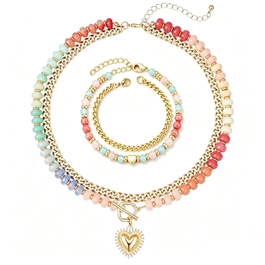 Colorful Beaded Layered Necklaces Bracelet for Women Multicolor Acrylic Beaded Choker With  Stack Cute 18k Gold Plated Heart Pendant Clasp Design, Summer Beach Boho Statement Jewelry