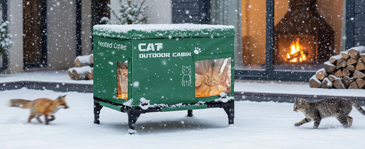 Lilypelle Heated Outdoor Cat House, Weatherproof Winter Cat Shelter with Elevated Base, Large Heated Cat House for Feral & Stray Cats in Yard, Garage or Porch (Power Bank Not Included)
