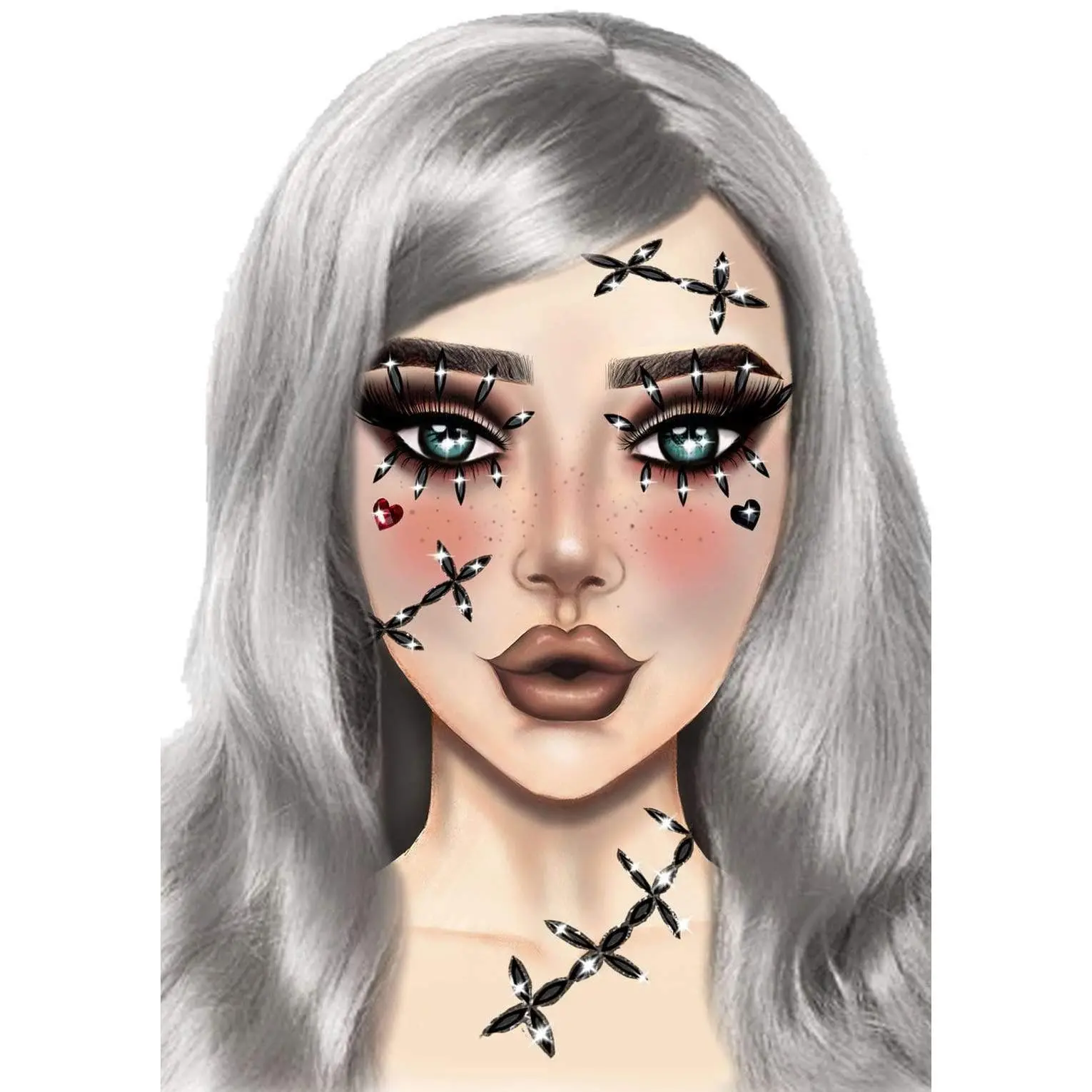 Stitch Shape Scarecrow Sparkle Stick-On Adhesive Rhinestone Jewels - Skin-Safe Sewing Accessory, Halloween Costume Face Jewelry for Adults with Strong Adhesion, Spooky