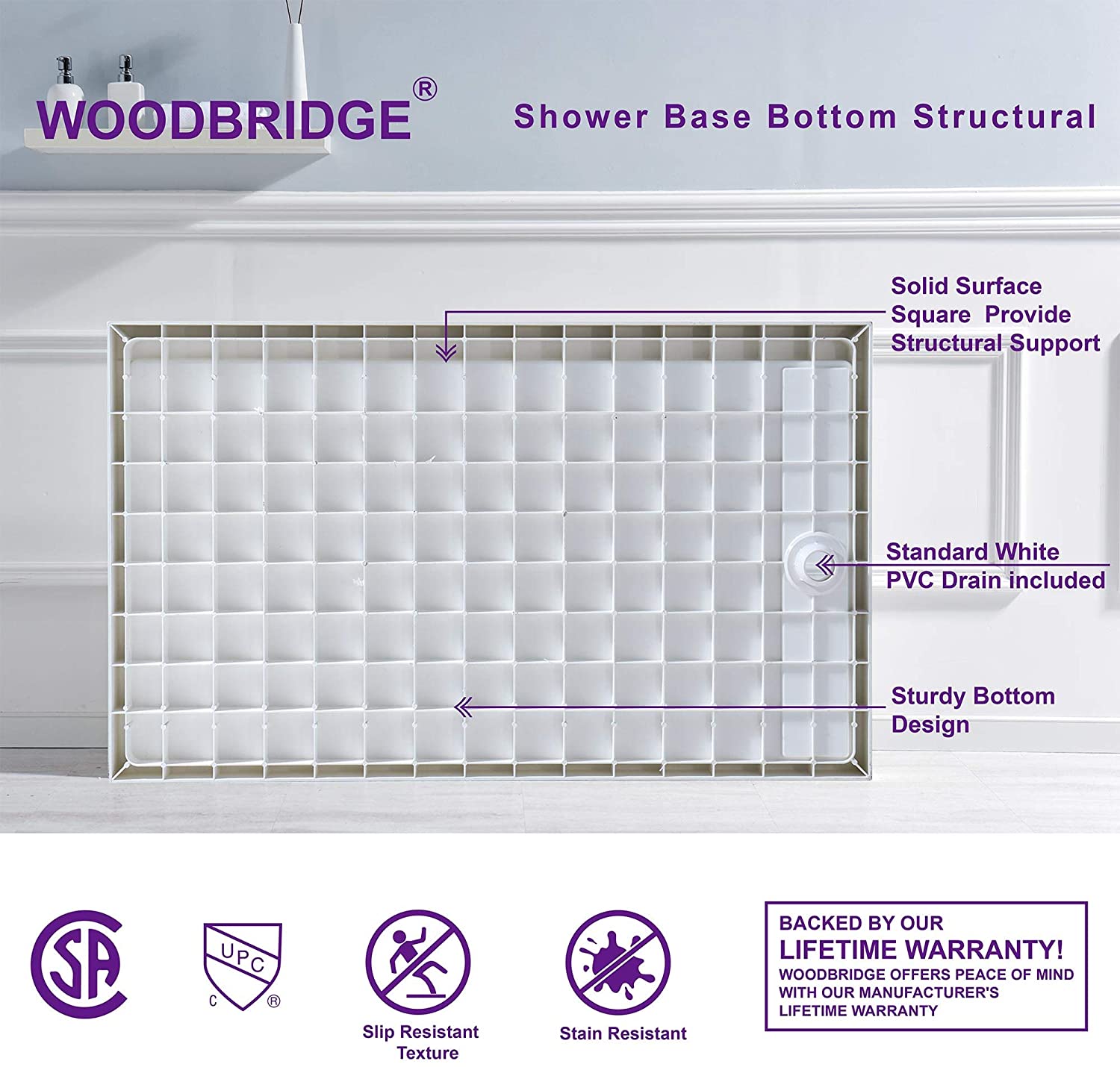 WOODBRIDGE SBR4832-1000R-MB SolidSurface Shower Base with Recessed Trench Side Including Matte Black Linear Cover, 48" L x 32" W x 4" H,Right Drain White Color