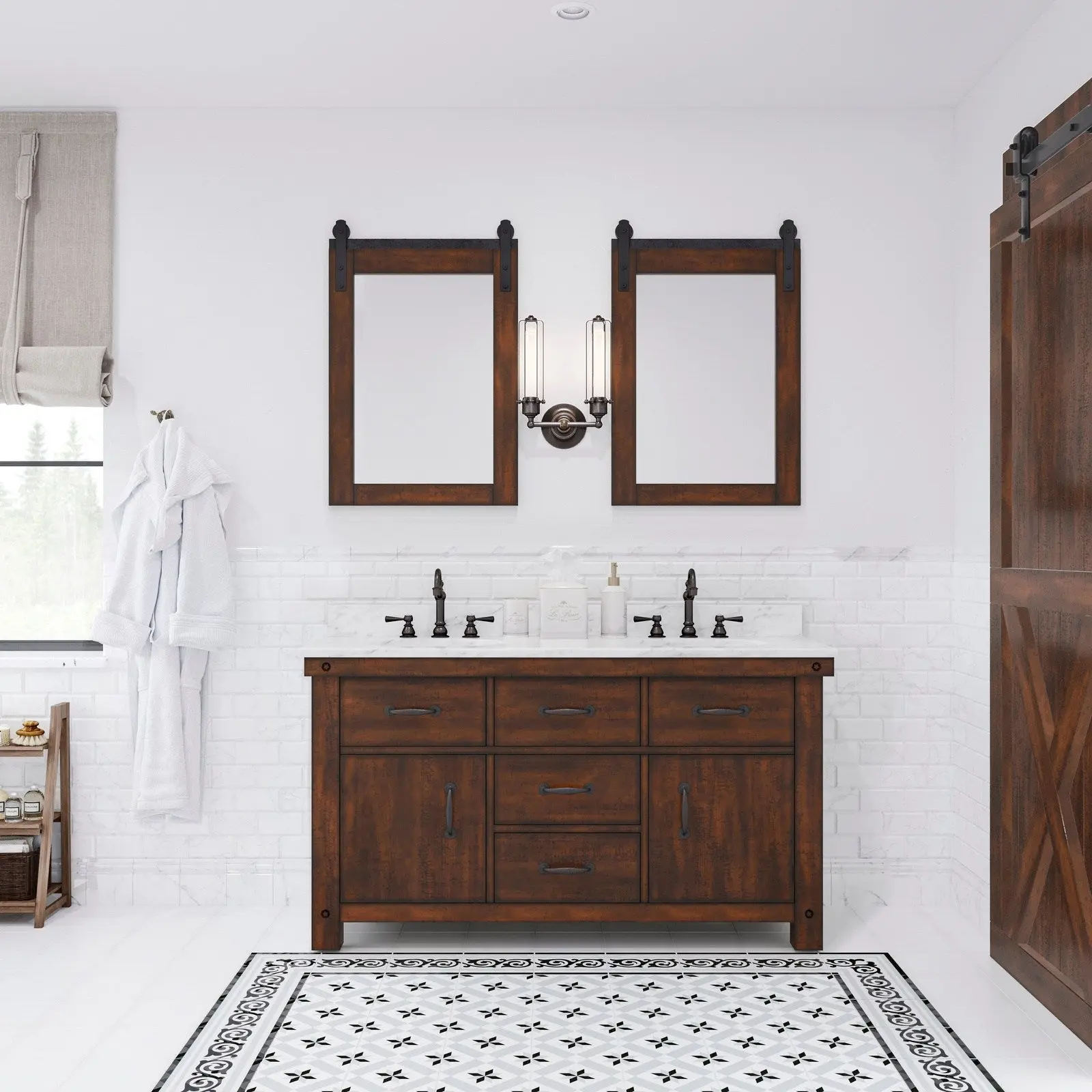 Water Creation Aberdeen 60" Double Sink Carrara White Marble Countertop Vanity in Rustic Sierra with Mirrors