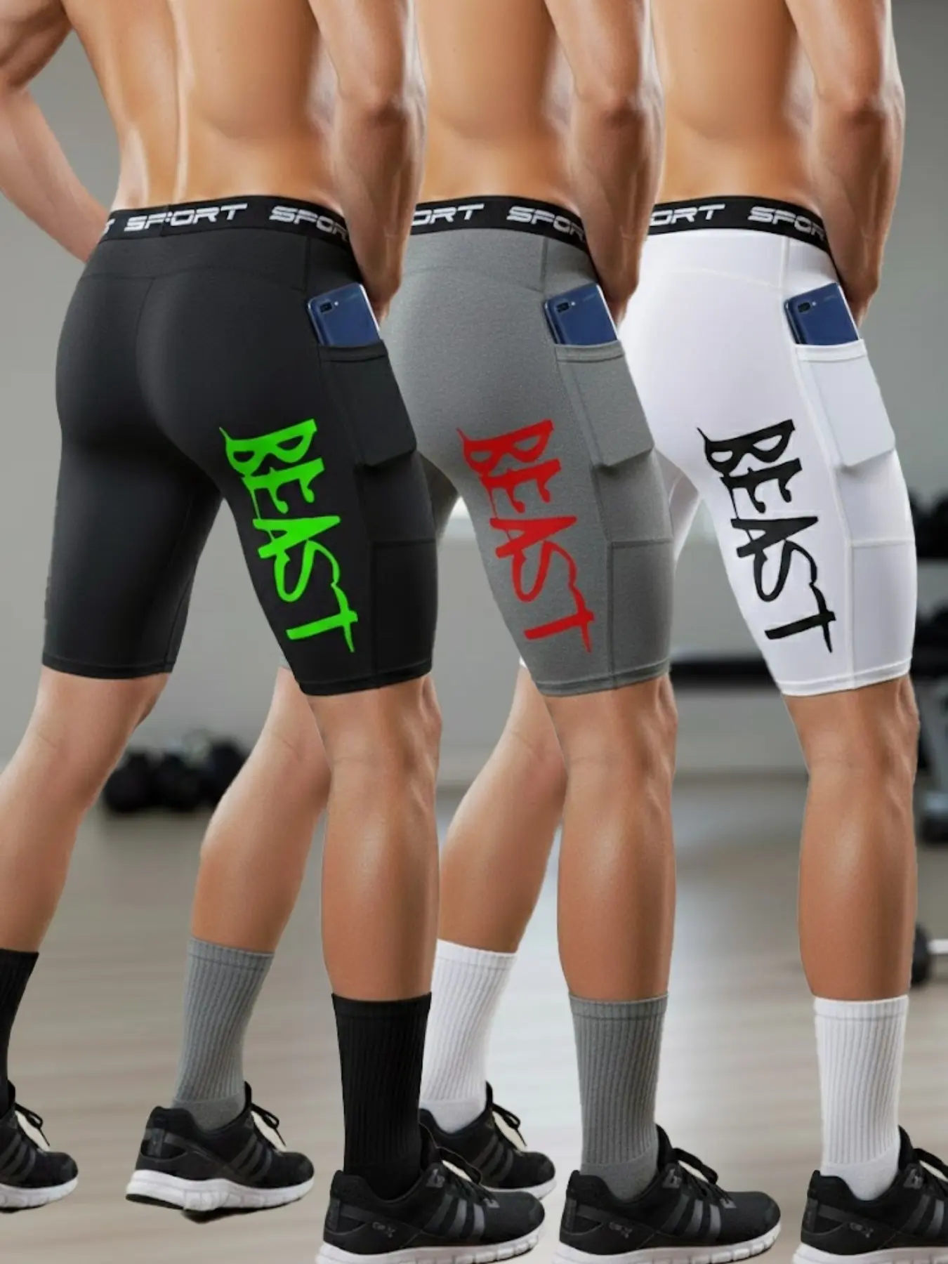 3 Pack Men's Compression Training Cycling Shorts with Pockets, Compression Sports Shorts, Activewear Shorts, Quick Dry High Stretch Performance Shorts for Gym, Running, Fitness Workout and Everyday Active Wear, Black White Gray Set
