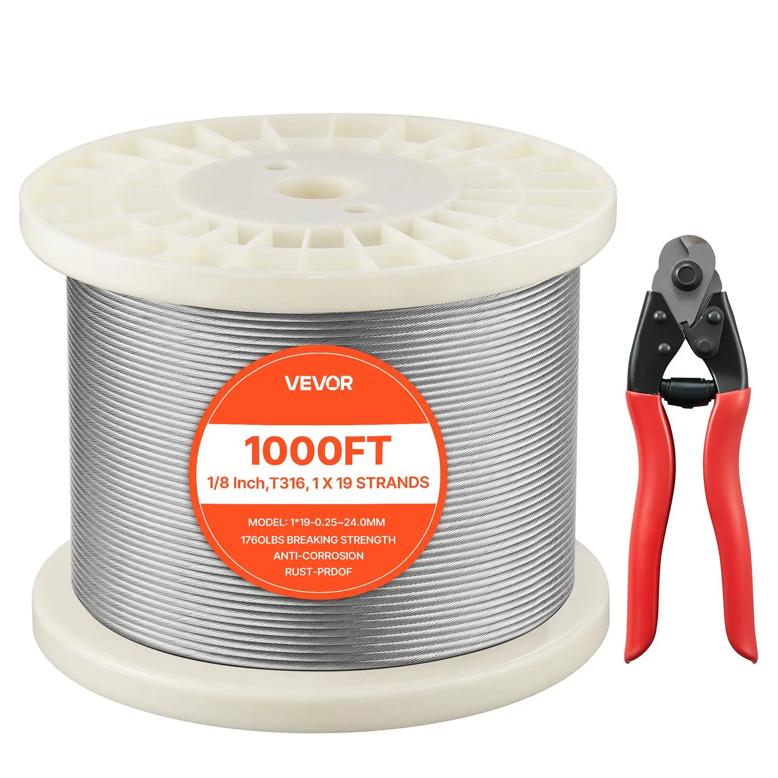 【summerfinds】VEVOR 1/8 Inch Wire Rope, 1000 ft Length, 316 Stainless Steel Wire Cable with Cutter, 1760 lbs Breaking Strength, 1 x 19 Strands Construction, Steel Cable for Deck Railing System, Garden Trellis, Multifunction Tension Rope, Tension Rope